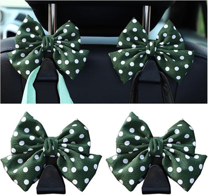 Mandark 2PCS Bow Car Headrest Hooks for Bags, Green/Polka Dot | PVC construction, clip-on installation keeps items off the floor, fits most cars, SUVs, and trucks, car interior accessories by Unknown