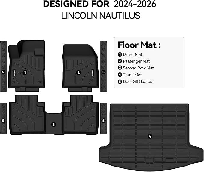 Floor Mats for Lincoln Nautilus 2024-2025 2026 Accessories | Trunk Mat & Door Sill Guard All Weather TPE Protector Odorless Interior Floor Liners - Image 2