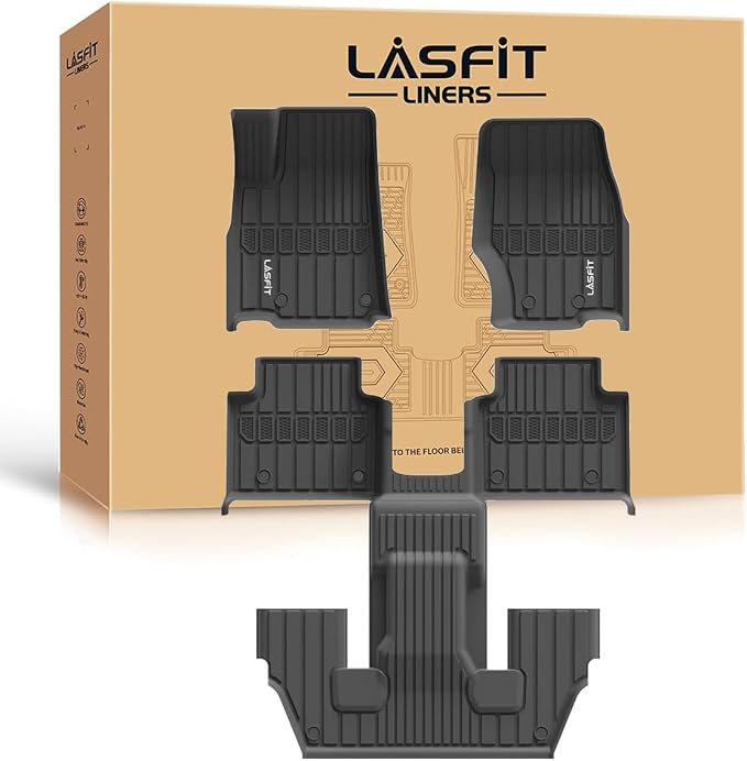 LASFIT Floor Mats for Jeep Grand Cherokee L 2021-2025 2026 6 Passengers | ONLY for Without Center Console, All Weather, TPE, Custom Fit, Car Mats, Floor Liners, 1st & 2nd & 3th Row, Black by LASFIT