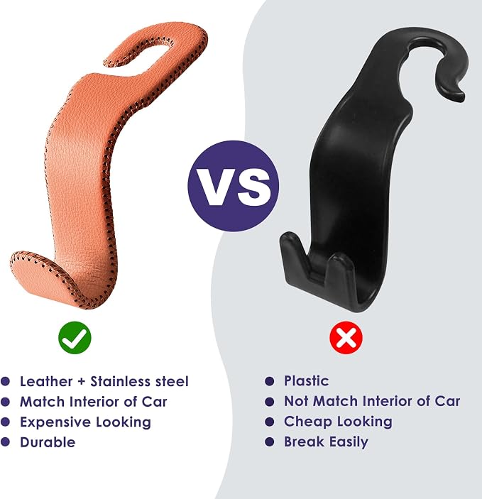 AMVOYOA Leather Hooks for Headrest - Fully Leather-Wrapped U-Shaped Purse Holder for Car, Flexible Seat Back Organizer & Durable Car Accessories for Purses, Bags, Coats & More (Brown, 2 Pack) - Image 5