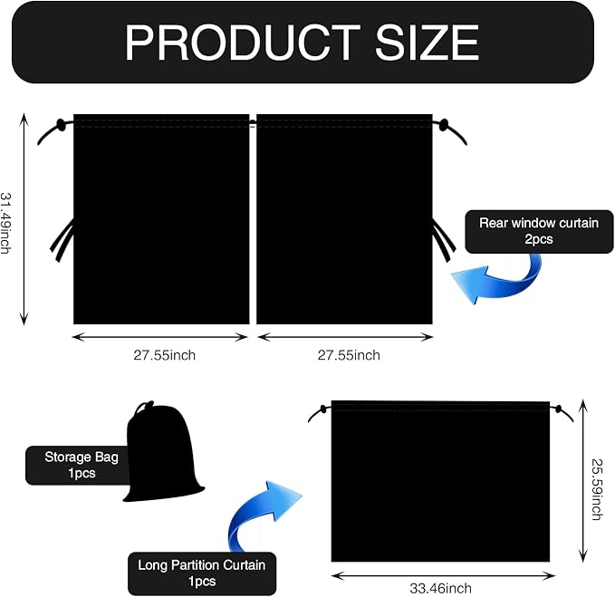 3 PCS Car Window Shades, 2 PCS 33.46In x 25.59In Vehicle Rear Window with Storage Bag, 1 PC 55.11In x 31.49In Car Partition Curtain, Universal Automotive Privacy Window Cover (Black) - Image 2