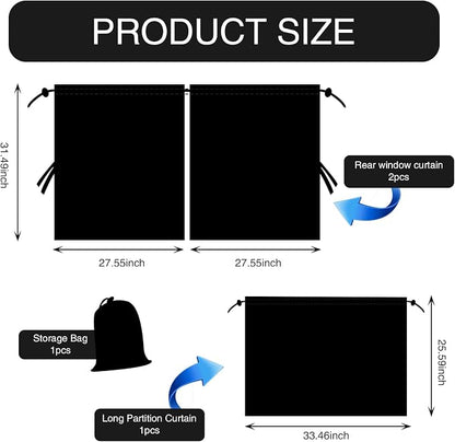 3 PCS Car Window Shades, 2 PCS 33.46In x 25.59In Vehicle Rear Window with Storage Bag, 1 PC 55.11In x 31.49In Car Partition Curtain, Universal Automotive Privacy Window Cover (Black) - Image 2