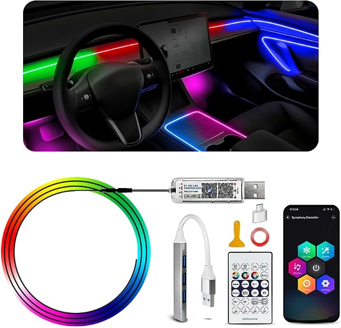 Acrylic Ambient Lighting Car Interior,55.1 inches Dream Color Acrylic Led Strips with USB Hub, APP Fiber Optic Emotion Glow Lights for Car Y 3 S X, Neon Ambient Lighting Kit Dashboard Decorations by Unknown