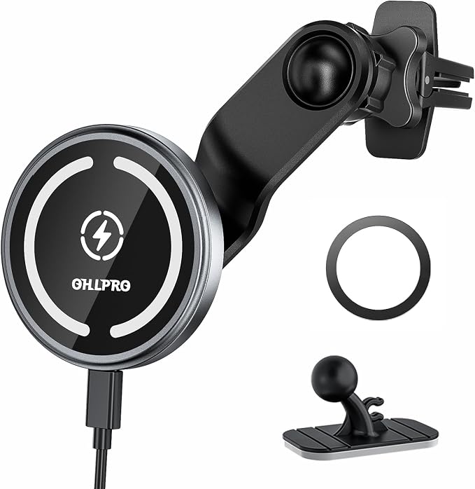 OHLPRO for MagSafe Car Mount Charger iPhone Wireless Car Charger, Stick on Dashboard Magnetic Phone Holder Mount for iPhone 17 Pro Max 16 15 14 Series, 15W Fast Charging, Aluminum Shell by OHLPRO
