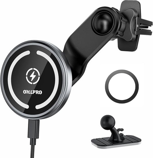 OHLPRO for MagSafe Car Mount Charger iPhone Wireless Car Charger, Stick on Dashboard Magnetic Phone Holder Mount for iPhone 17 Pro Max 16 15 14 Series, 15W Fast Charging, Aluminum Shell by OHLPRO