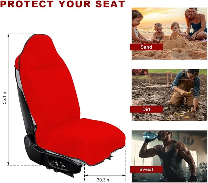 2PCS Car Towel Seat Cover, Waterproof Non-Slip Front Seat Protector for Post Gym Workout Beach Hiking, Sweatproof Washable Bucket Seat Protective Cover for Car SUV Truck Sedan (Red) - Image 2
