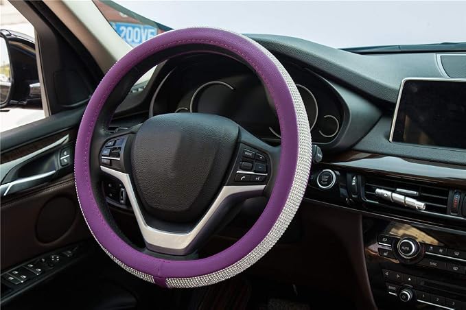 New Diamond Leather Steering Wheel Cover with Bling Crystal Rhinestones | Universal Fit 15 Inch Car Wheel Protector for Women Girls Purple - Image 3