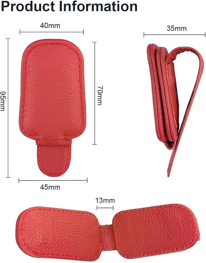 Sunglass Holder for Car, Magnetic Leather Sunglasses Clip for Car Visor, Eyeglass Hanger Clip for Car Sun Visor (Red 2 Pack) - Image 2