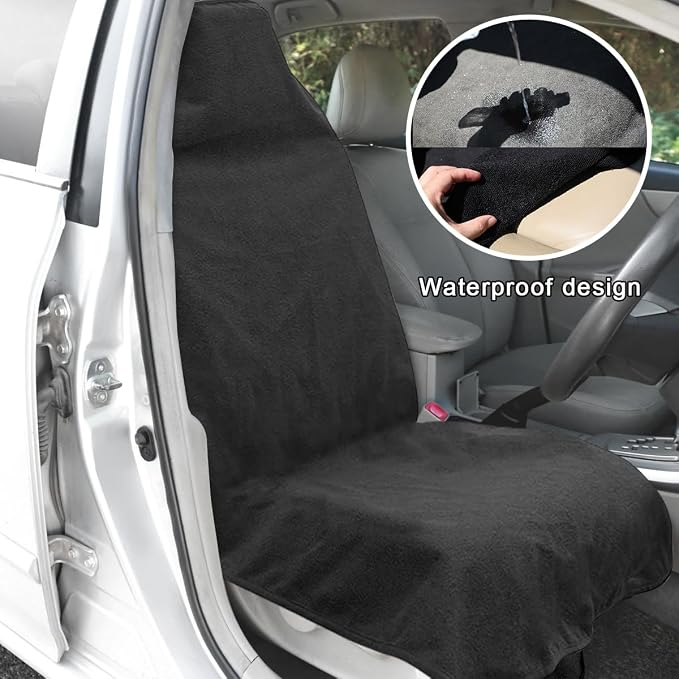 DXNQ 2PCS Car Towel Seat Cover, Waterproof Sweating Non-Slip Premium Soft Towel Carseat Protector, Universal Machine Washable Car Truck SUV Front Seat Cover for Gym Workout Beach Hiking (Black) - Image 5