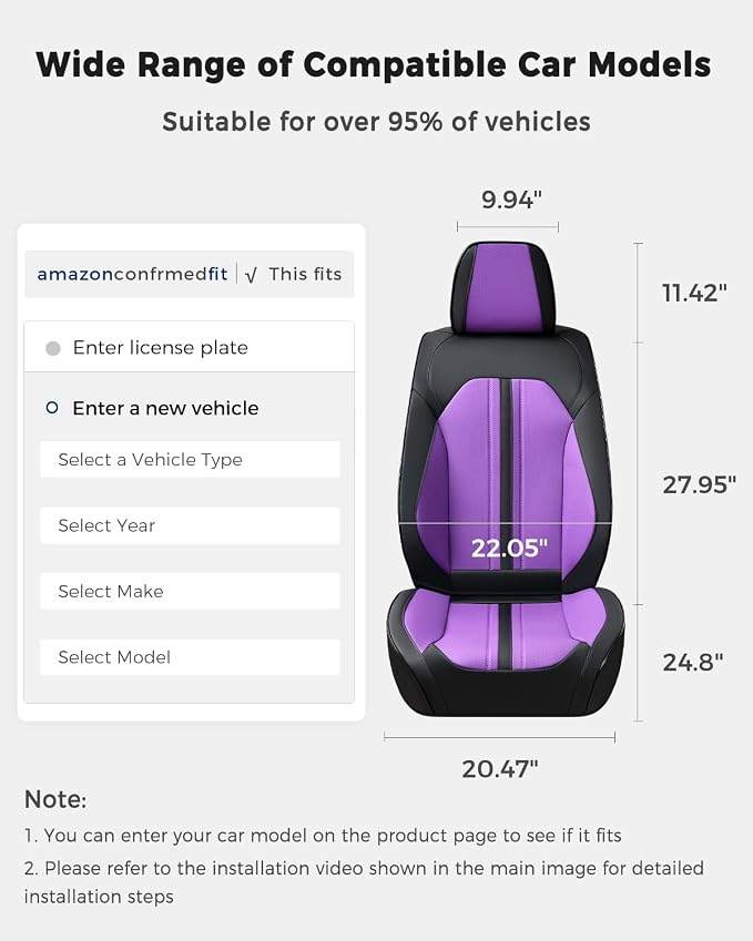 Huidasource Front Car Seat Cover, Luxury Faux Leather Leather Front Seat Covers, Compatible with Airbags, Seatbelt Buckles, Cooling＆Heating, Universal Fit for Most Cars Vans Trucks SUVs, Black＆Purple - Image 2