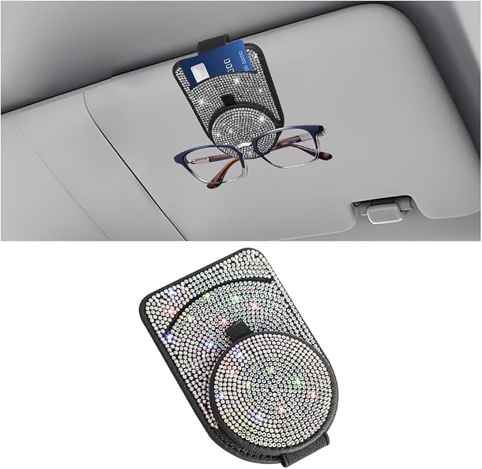Bling Sunglasses Holder for Car Visor, Genuine Leather Crystal Rhinestone Vehicle Eyeglasses Clip Mount Hanger, Auto Ticket Card Origanizer for Women Girls, Universal Fit (Multicolor) by Unknown