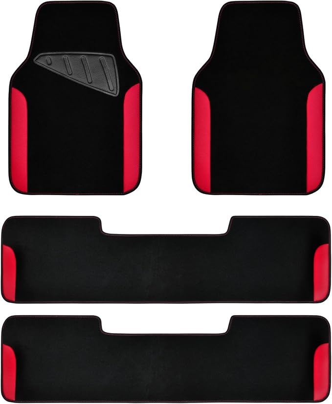 CAR PASS Waterproof Universal Faux Leather 3Row Car Floor Mats, Red Car Mats Fit for SUV,Vans,sedans, Trucks,Set of Vehicles Car Carpet with Driver Heel Pad and Anti-Slip Nibs Backing (Red 3Row) by CARPASS
