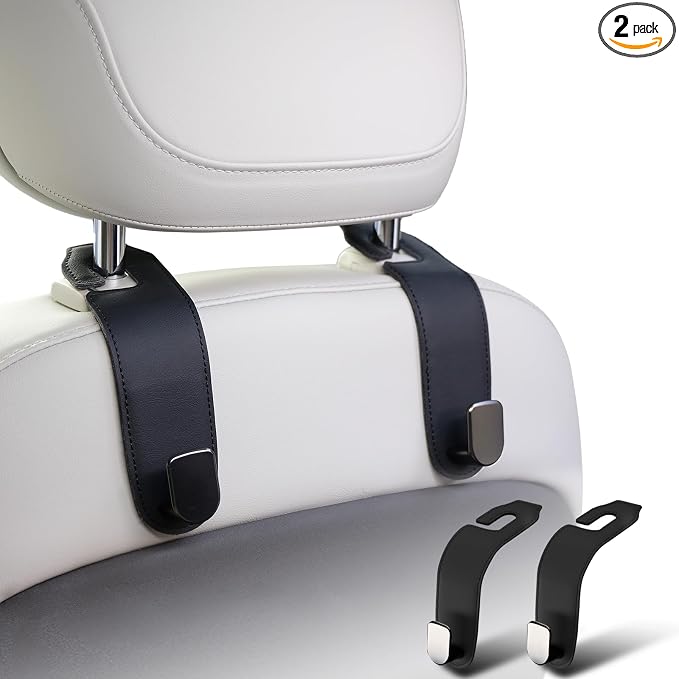Car Purse Holder,2 Pack Leather Car Purse Hook,Car Organization Accessories | Sturdy Metal Core, Premium Leather Wrapped, Universal Fit for Most Vehicle Seat Headrest, 360-degree Rotation,Easy to Install by Ompellus