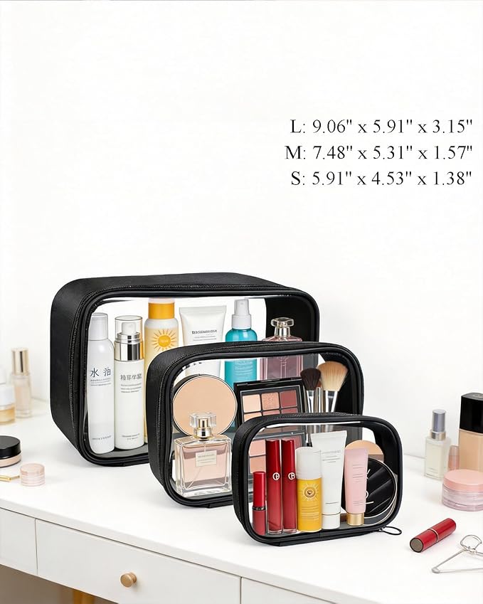 3Pack Clear Makeup Bags Set, Clear Travel Makeup Bag Waterproof Makeup Case Small Toiletry Bag with Zipper Portable Cosmetic Pouch Makeup Storage Bag Car Bag for Essentials - Image 2
