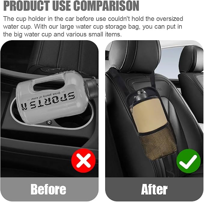 2-in-1 Large Cup Holder, Car Water Bottle Holder, 80 oz Waterproof Leather Car Seat Side Organizer, Multifunctional Seat Side Storage Hanging Bag with Mesh Pocket Fit for Most Vehicles (Beige) - Image 4