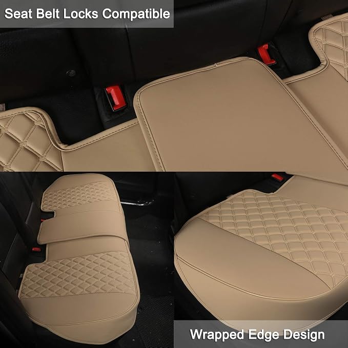Black Panther Luxury PU Leather Rear Car Seat Cover, Compatible with Most Vehicles with 5 Seats, Adjustable Length 49-55'', Diamond Pattern Embroidery (Beige) - Image 3