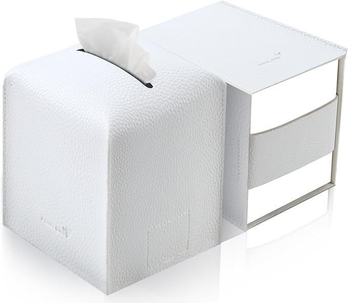 Tissue Box Cover 5X5X5'' PU Leather Tissue Holder Square Tissue Cube Box Organizer for Bathroom Vanity Countertop, Car, Night Stands, Office, Home, Kitchen (2Pack, White) by PENGLONGHOMEDECORATION