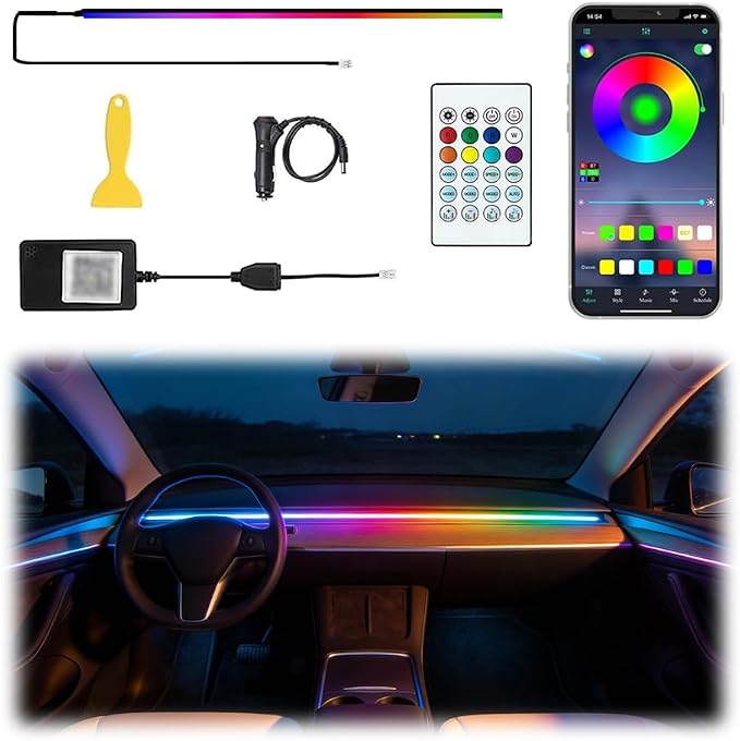 Acrylic Interior Car LED Lights with Remote and Wireless APP, Ambient Lighting Kits Fiber Optic Strip LEDs,16 Million Colors Music&DIY Function (1 in 1) by TEKSHINNY