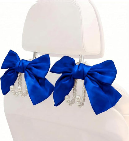 2PCS Satin Bow Pearl Car Seat Headrest Hooks – Car Bag Holder & Vehicle Hanger for Purses – Cute Coquette Aesthetic Interior Decoration – Cute Auto Organizer Accessories Universal (Deep Blue) - Image 9