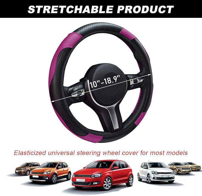 DXNQ Car Steering Wheel Cover, 15 Inch Carbon Fiber Leather Stitching Color Steering Wheel Protector, Anti-Slip Elastic Breathable Steering Wheel Cover Stylish Decor for Most Cars (Black&Purple) - Image 2