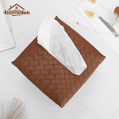 HOMOTEK 2 Pack Tissue Box Cover, Square PU Leather Tissue Holder, Decorative Facial Tissue Cube Paper Organizer Dispenser for Bathroom, Night Stands, Desk, Car 5X5X5'' - Woven Waffle,Chocolate - Image 2