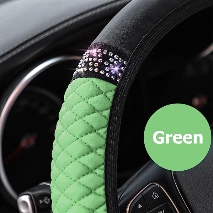 Osilly 15 Inch Rhinestone Leather Steering Wheel Cover, Green | breathable non-slip surface, flexible ringless design, hand-stretch setup, fits matching rim sizes, automotive accessories - Image 4