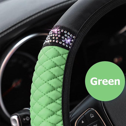 Osilly 15 Inch Rhinestone Leather Steering Wheel Cover, Green | breathable non-slip surface, flexible ringless design, hand-stretch setup, fits matching rim sizes, automotive accessories - Image 4