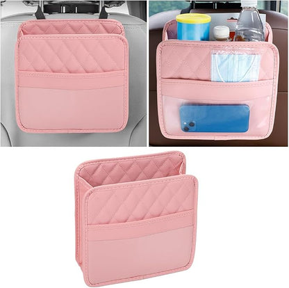 Mandark PU Leather Car Seat Back Organizer, Pink | Three-pocket layout with clear panel, elastic strap installation, fits most cars, SUVs, and trucks, car interior accessories by Unknown