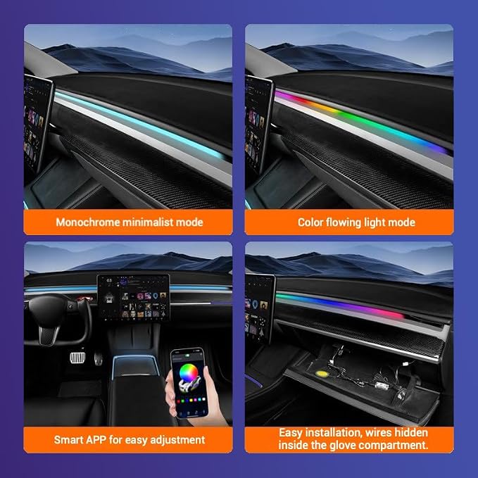 LED Car Ambient Lighting Strip for Tesla High Brightness with APP Control Multiple Colors and Car LED Strip Lighting Neon Lights for Model 3/Y (Dashboard& 4 Floor Lights) - Image 3