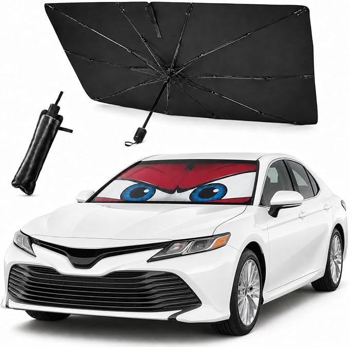 Car Windshield Sun Shade Umbrella, Universal Fit Mid-Large Sedan SUV | 57 x 31" Car Sun Visor, Foldable UV Heat Blocking Front Window Sunshade with Rearview Mirror Cutout, Cute Eyes Series by eygeufg