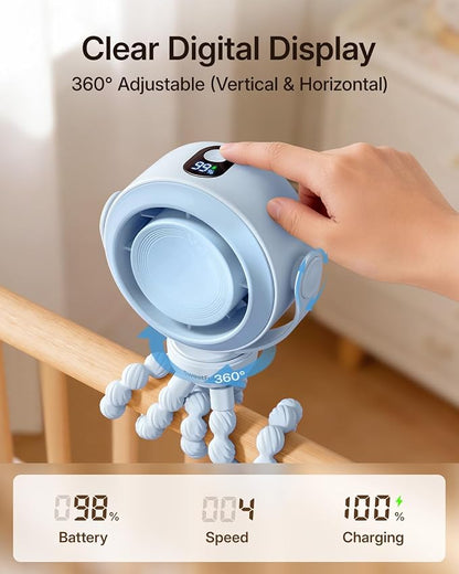 SWEETFULL Portable Stroller Fan, Pinch-Proof Baby Fan - Blue | Wide Turbine Airflow; Safe Design; LED Display; 5-Speed; 30dB Quiet; USB-C Rechargeable; Mini Clip On Fan for Car Seat & Bed - Image 5