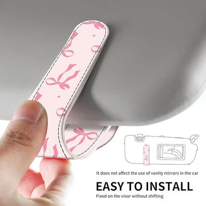 Leather Magnetic Sunglass Holder for Car Sun Visor, Cute Eyeglass Ticket Card Hanger Clip, Universal Auto Interior Accessories for SUV Pickup Truck, Pink Bow - Image 5