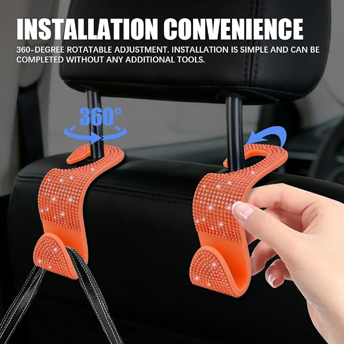 4PCS Bling Car Seat Headrest Hooks, Purse Holder for Car, Vehicle Back Seat Purse Handbag Hanging Holder with Crystal Rhinestone, Diamond Car Rear Seat Organizer for Vehicles (Orange) - Image 4