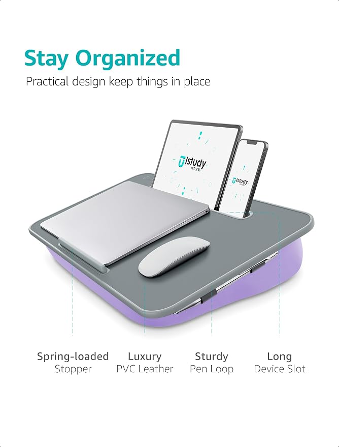 Istudyniture Lap Desk | Portable Laptop Desk & Stand – Fits Up to 17 inch – Washable Cushion, Built-in Phone Holder – for Bed, Couch, Sofa, Floor – Writing, Reading, Home Office – Large, Purple - Image 6