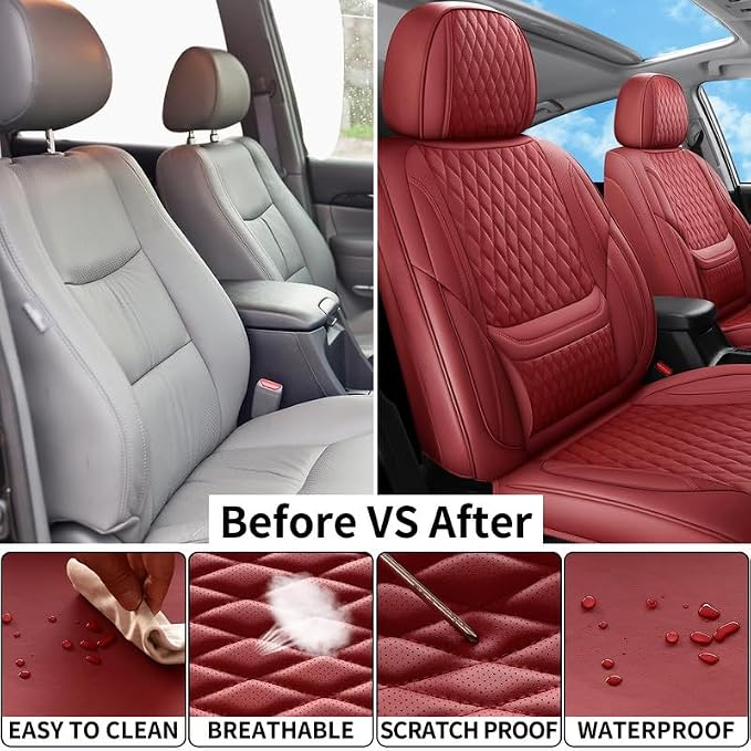 Car Seat Covers Full Set Custom Fit For Toyota Highlander 2001-2026, Red | Lumbar Support, Premium Faux Leather, Breathable, Anti-Slip, Airbag Compatible, Waterproof, Car Seat Protectors, 2 Row-5Seat - Image 5