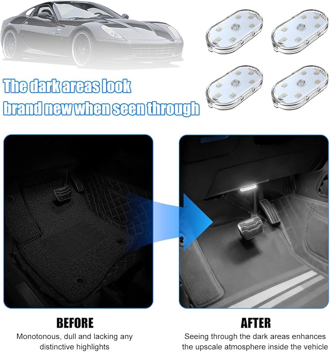 4PCS Car Interior Wireless Led Lights, 6 Bright LED Lamp Beads Magnetic Vehicle Ambient Light, Portable Touch USB Rechargeable Automotive Night Lighting Accessories, Universal Fit (White) - Image 5