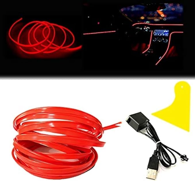 El Wire Red Interior Car LED Strip Lights, 2M Neon Wire USB 5V with Fuse Protection for Automotive Interior Decoration, with 6mm Sewing Edge by Maxlaxer