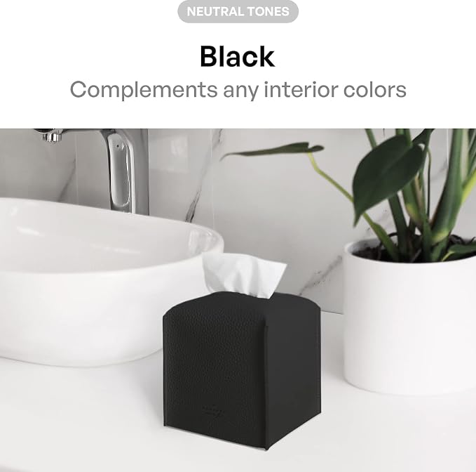 carrotez Tissue Box Cover, [Refined] Modern PU Leather Square Tissue Box Holder - Decorative Holder/Organizer for Bathroom Vanity Countertop, Night Stands, Office Desk & Car 5X5X5 - Black - Image 3