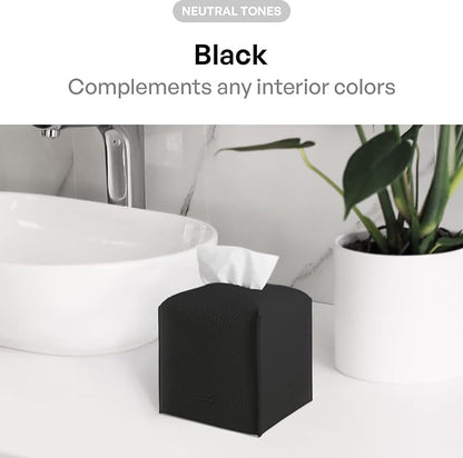 carrotez Tissue Box Cover, [Refined] Modern PU Leather Square Tissue Box Holder - Decorative Holder/Organizer for Bathroom Vanity Countertop, Night Stands, Office Desk & Car 5X5X5 - Black - Image 3