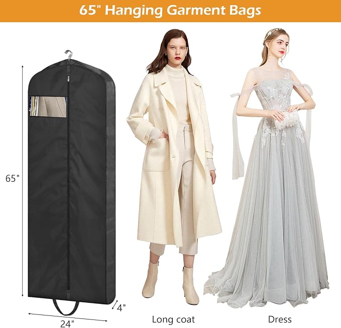 MISSLO 65" Gusseted Hanging Garment Bags for Travel Long Dress Cover Water Resistant Sturdy Fabric Dress Bags for Gowns Long Closet Clothes Protectors, Black - Image 3