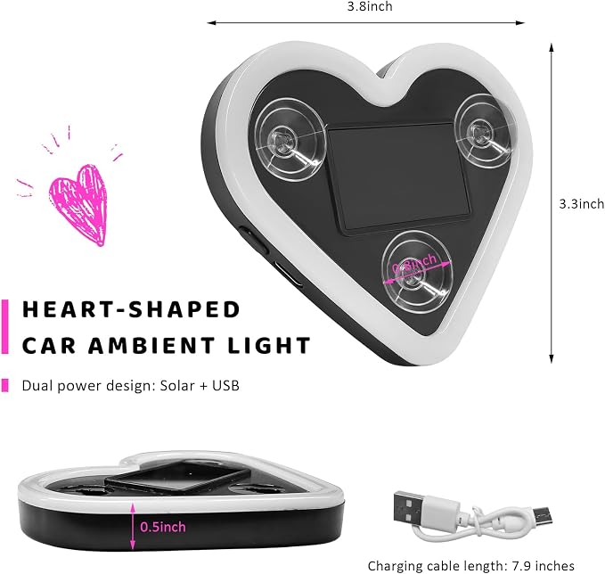 Sun Walker Heart-Shaped Car LED Ambient Light, Solar-Powered Love Heart Lamp Vehicle C-Pillar Atmosphere Light, Vibration-Sensing Triangle Window Lights Car Interior Decoration (Pink) - Image 2