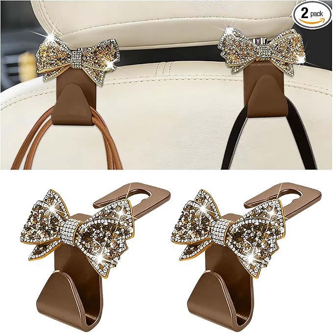 Zpana Bling Car Headreat Hook, 2PCS Crystal Rhinestone Cute Bow Vehicle Seat Back Hanger Storage for Purses Bags Grocery, Diamond Auto Rear Seat Organizer, Universal for SUV Truck Sedan (Gold) | PVC construction, rhinestone bow design, compact rear sea... by Zpana