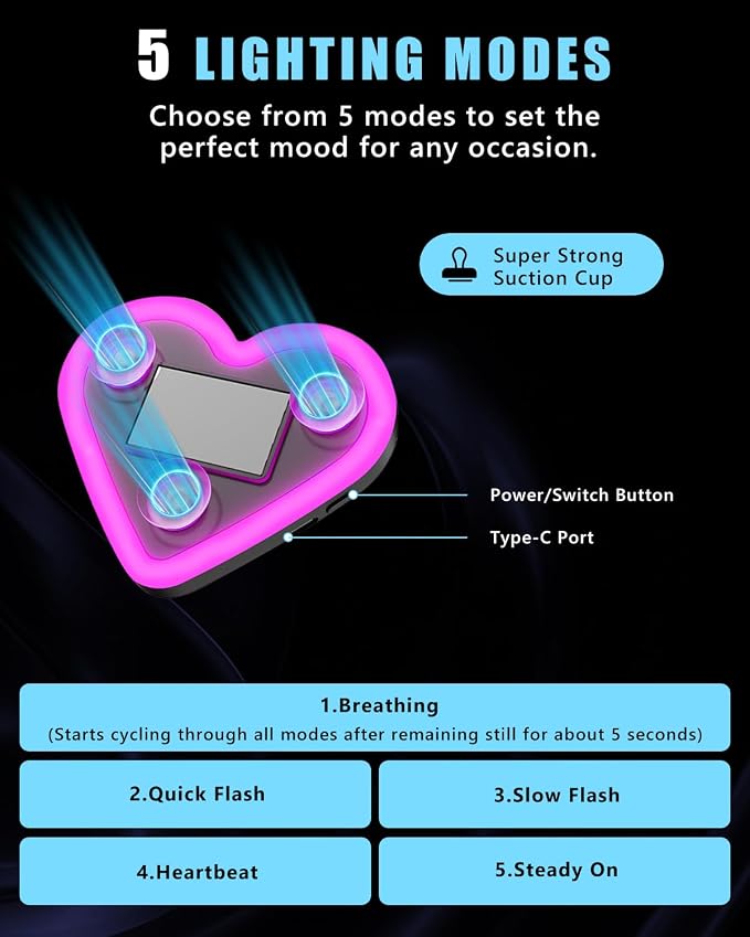2PCS Solar-Powered Car Heart Lights, 5-Mode Wireless LED Ambient Light with Auto-On via Vibration Sensor, Romantic Car Interior Gift for Couples (Pink) - Image 3