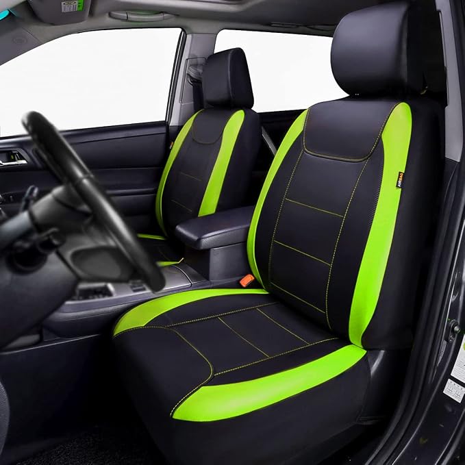 Flying Banner car seat Covers Protects Water Proof Faux Leather Carbon Fiber Fronts Fluorescence Green Black (Fluorescence Green Black, Front Pair) - Image 2