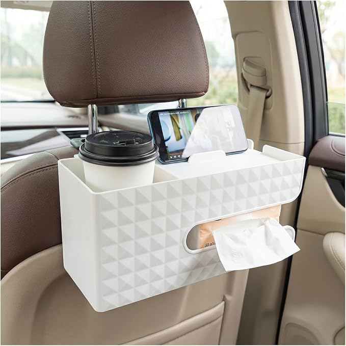 Car Back Seat Organizer, Automotive Drink Cup Holder with Hooks, Multifunctional Tissue Storage Box with Phone Holder, Vehicle Interior Organizer Accessories for Sedan, SUV, Truck (White) by Unknown
