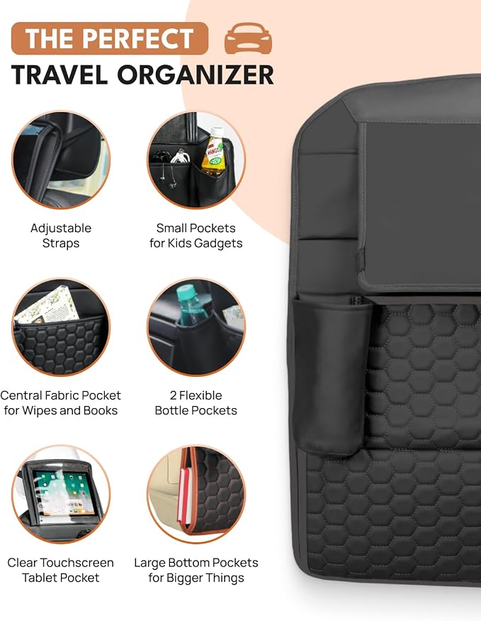 Set Seat Back Organizer & Car Seat Protector Hexy Waterproof & Non-Slip Protector for Child Car Cushion for Leather and Fabric Seats (Black Set 1) - Image 4