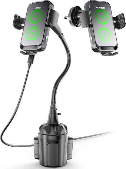 Dual Coil Cup Phone Mount Wireless Charger, Universal Cell Phone Holder, Cup Holder 15W Fast Charging for iPhone 17 16 Pro Max, Samsung Galaxy - Black by TOPGO