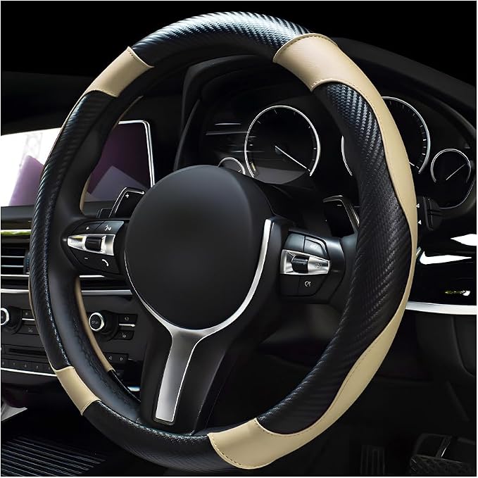 povtii Car Steering Wheel Cover, 15 Inch Leather Breathable Auto Steering Wheel Protector, Comfortable Non-Slip Vehicle Steering Wheel Covers, Universal Car Accessories (Beige, with Lining) by povtii