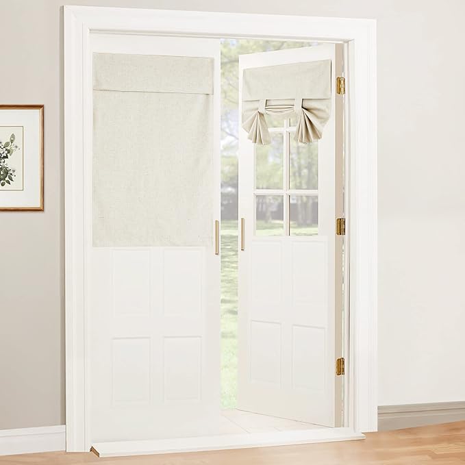 RYB HOME Natural Linen Textured French Door Window Curtains 100% Blackout | Self Adhesive, Thermal Insulated Privacy Energy Saving, Shades for Nursery Office Patio Glass Door, W30 x L40, 1 Panel by RYBHOME