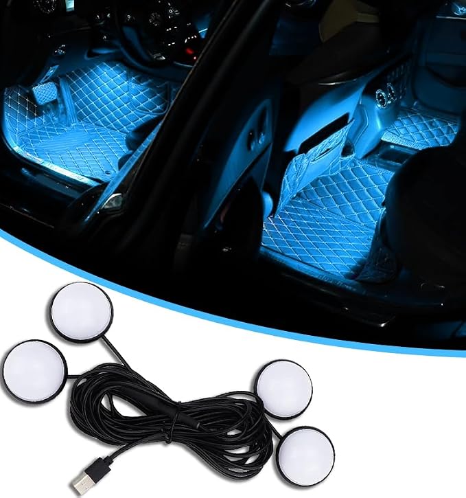 4 in 1 Car Interior LED Ambient Light Kit, Ice Blue | 5 Volt USB power, adhesive install, front and rear cables, fits most cars, SUVs, and trucks, car interior accessories by Unknown